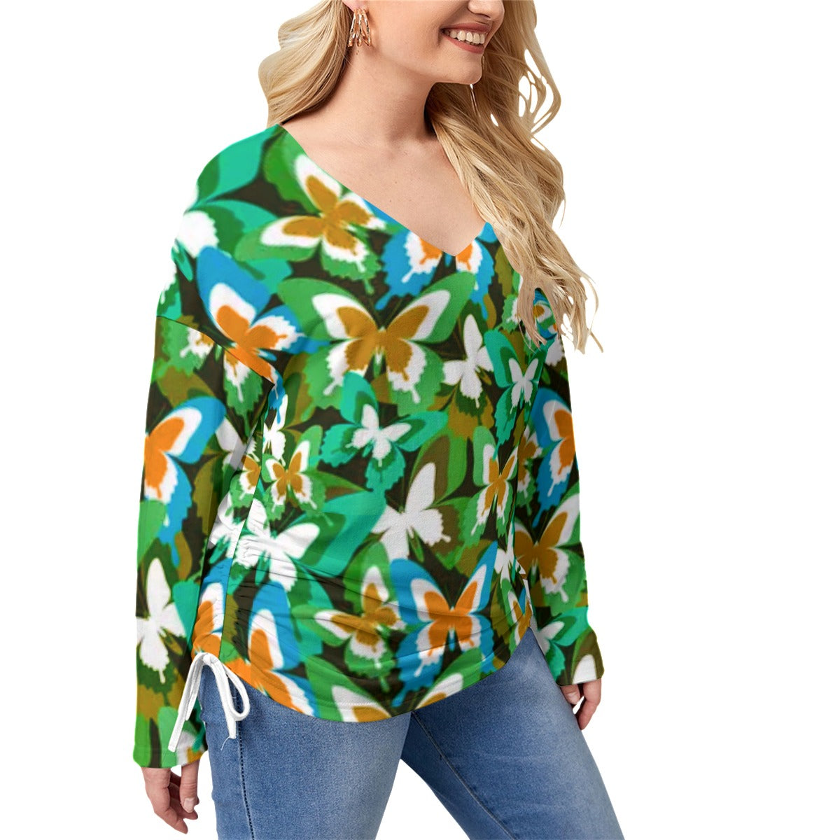 Colorful Butterflies Women’s V-neck T-shirt With Side Drawstring(Plus Size)