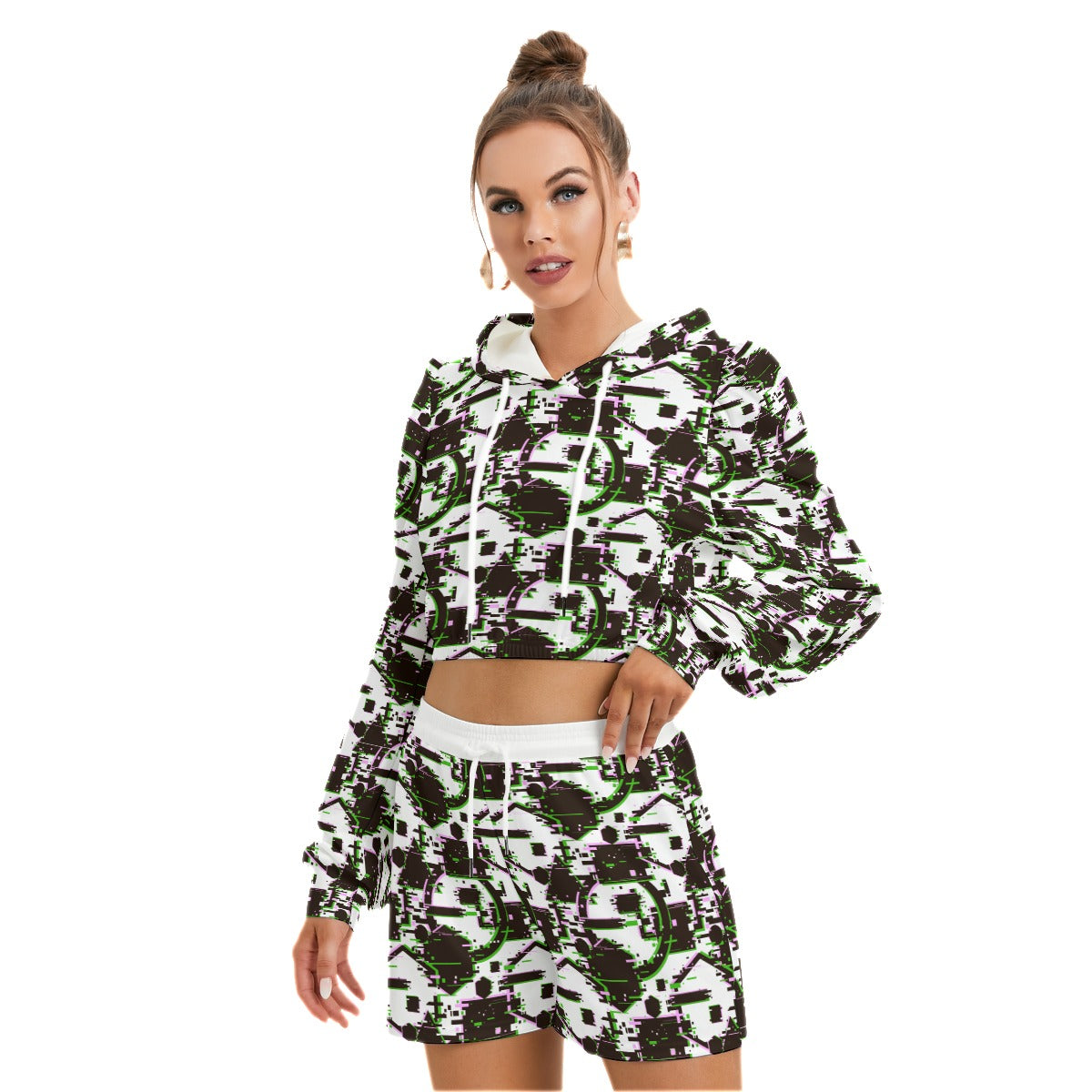 Glitchy Abstract Pattern Women's Mirco Fleece Hoodie And Shorts Set