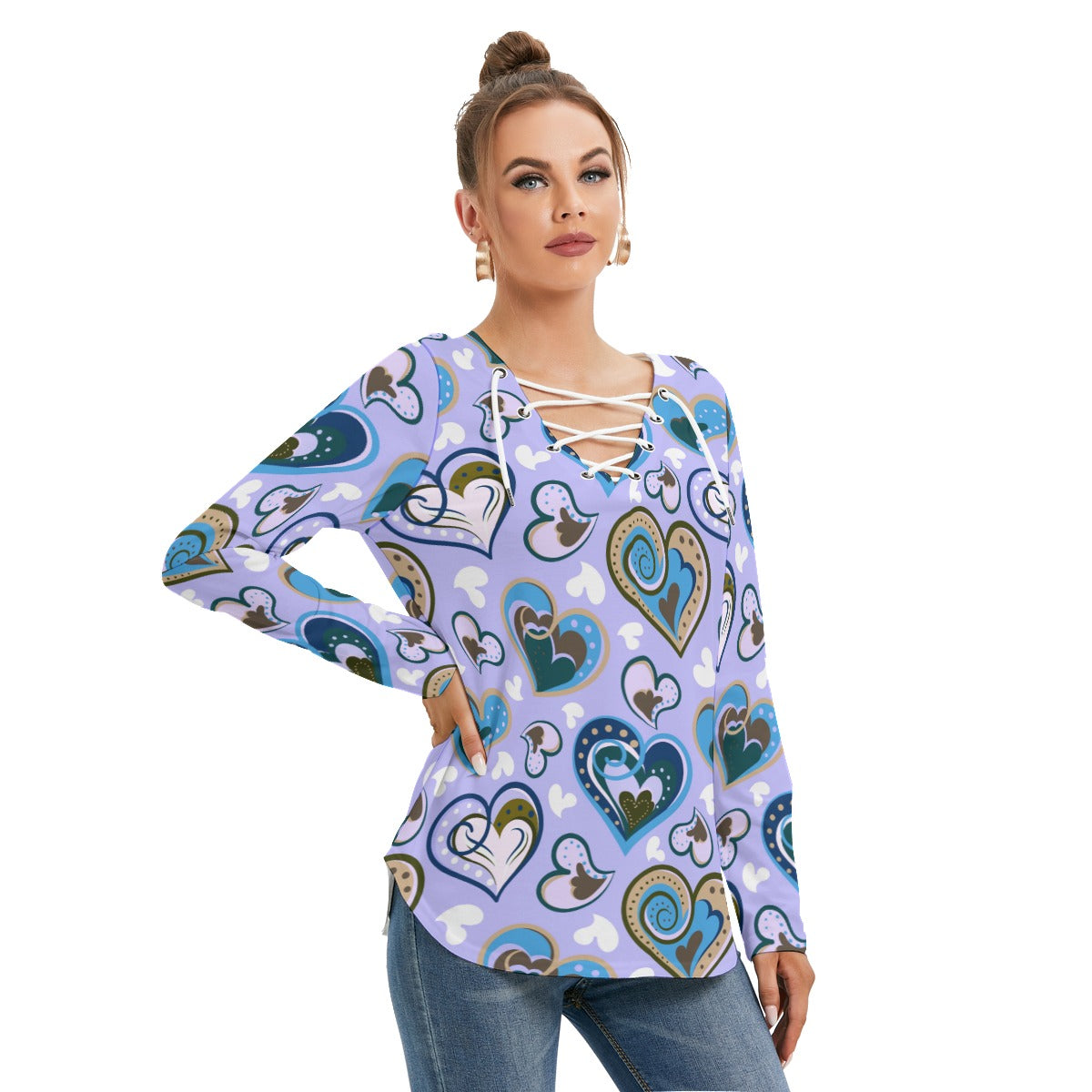 Colorful Doodle Hearts Women's Long Sleeve Neckline Tie Sweatshirt