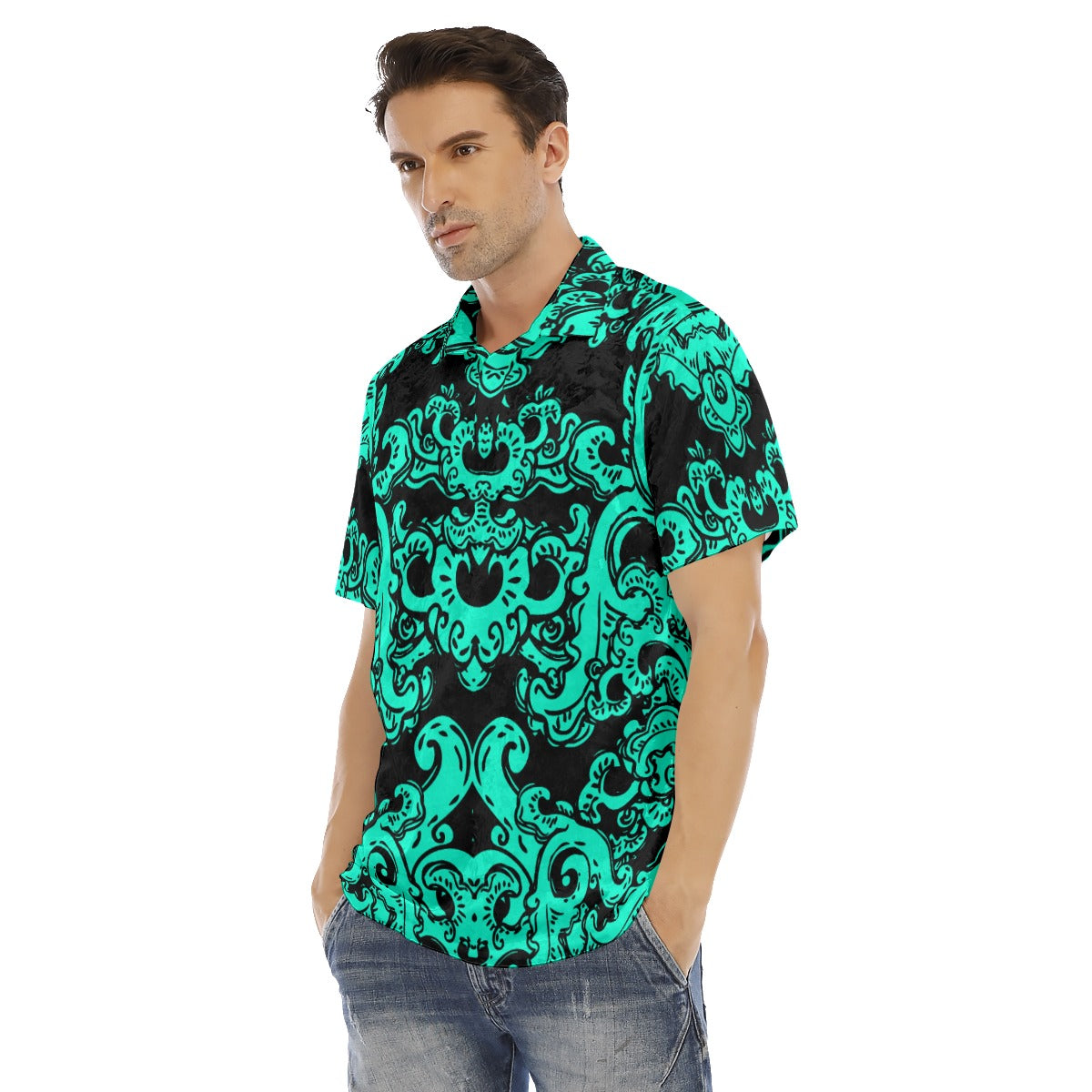 Teal & Black Baroque Pattern Men's Polo Shirt | Velvet