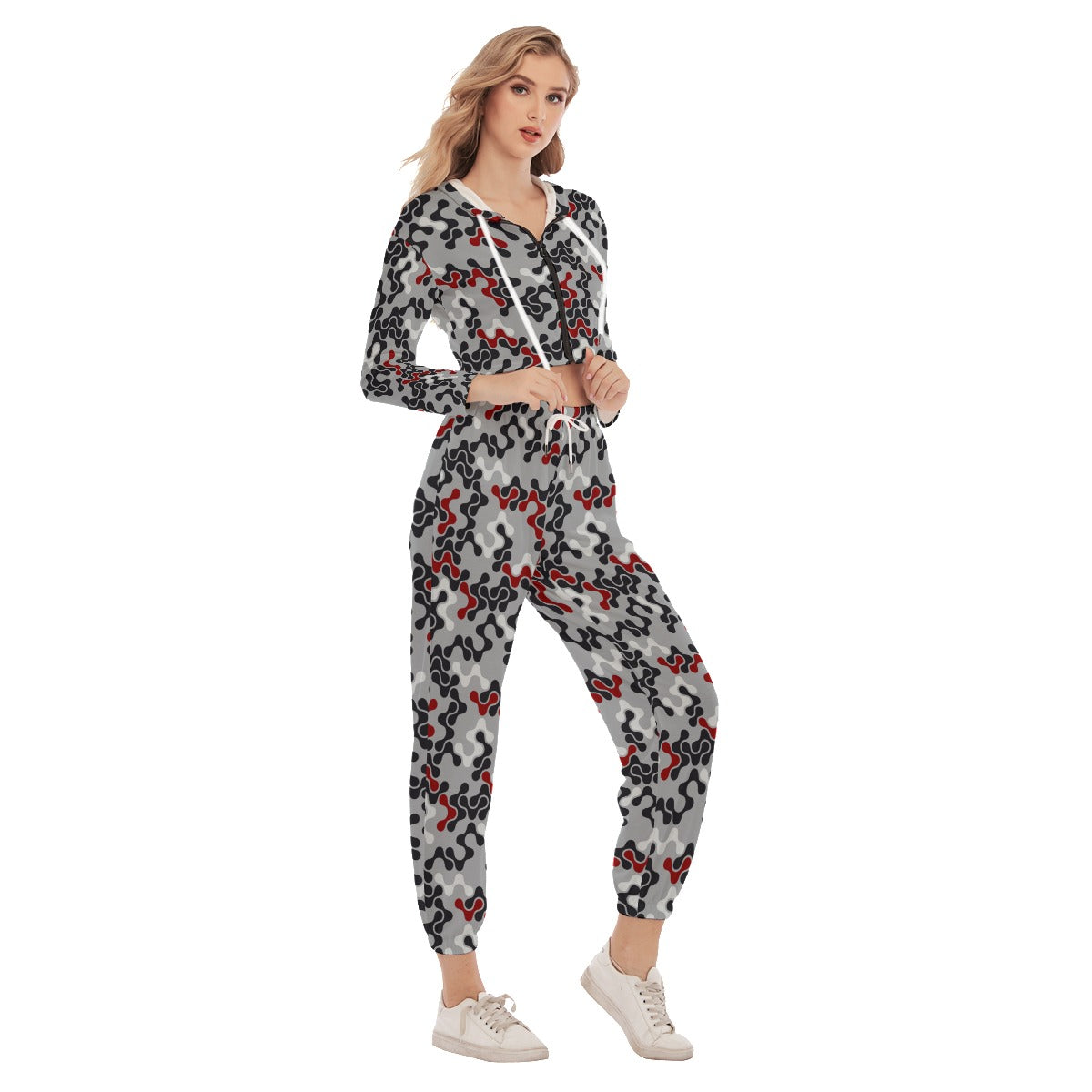 Red, Black & White Abstract Women's Crop Hoodie Sports Sets