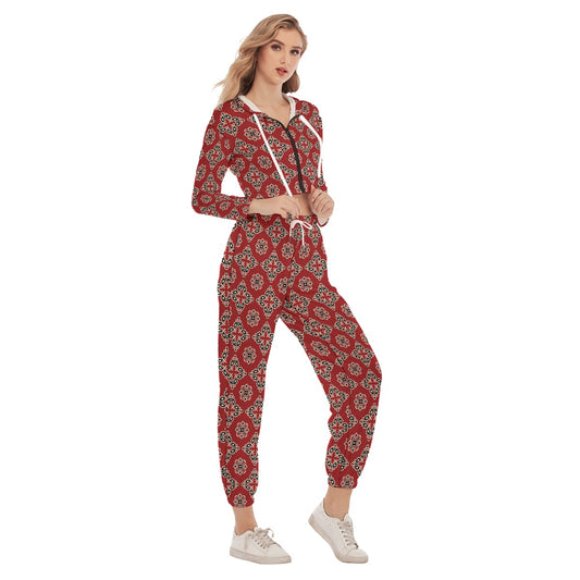 Red Ethnic Tribal Women's Crop Hoodie Sports Sets