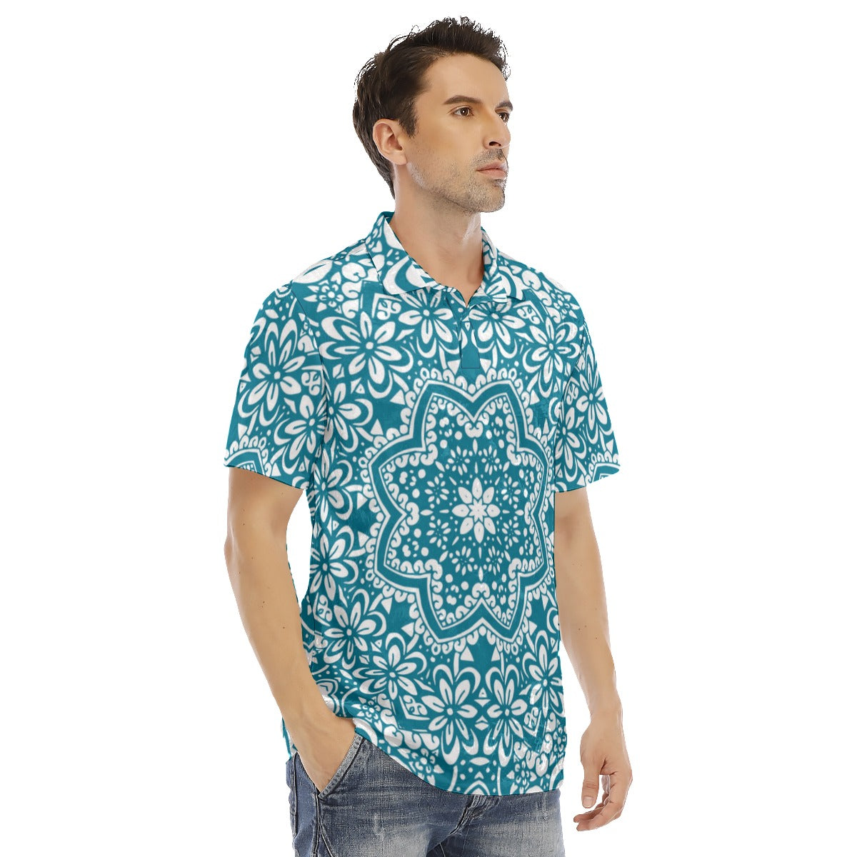 Teal Ethnic Flowers Men's Polo Shirt | Velvet