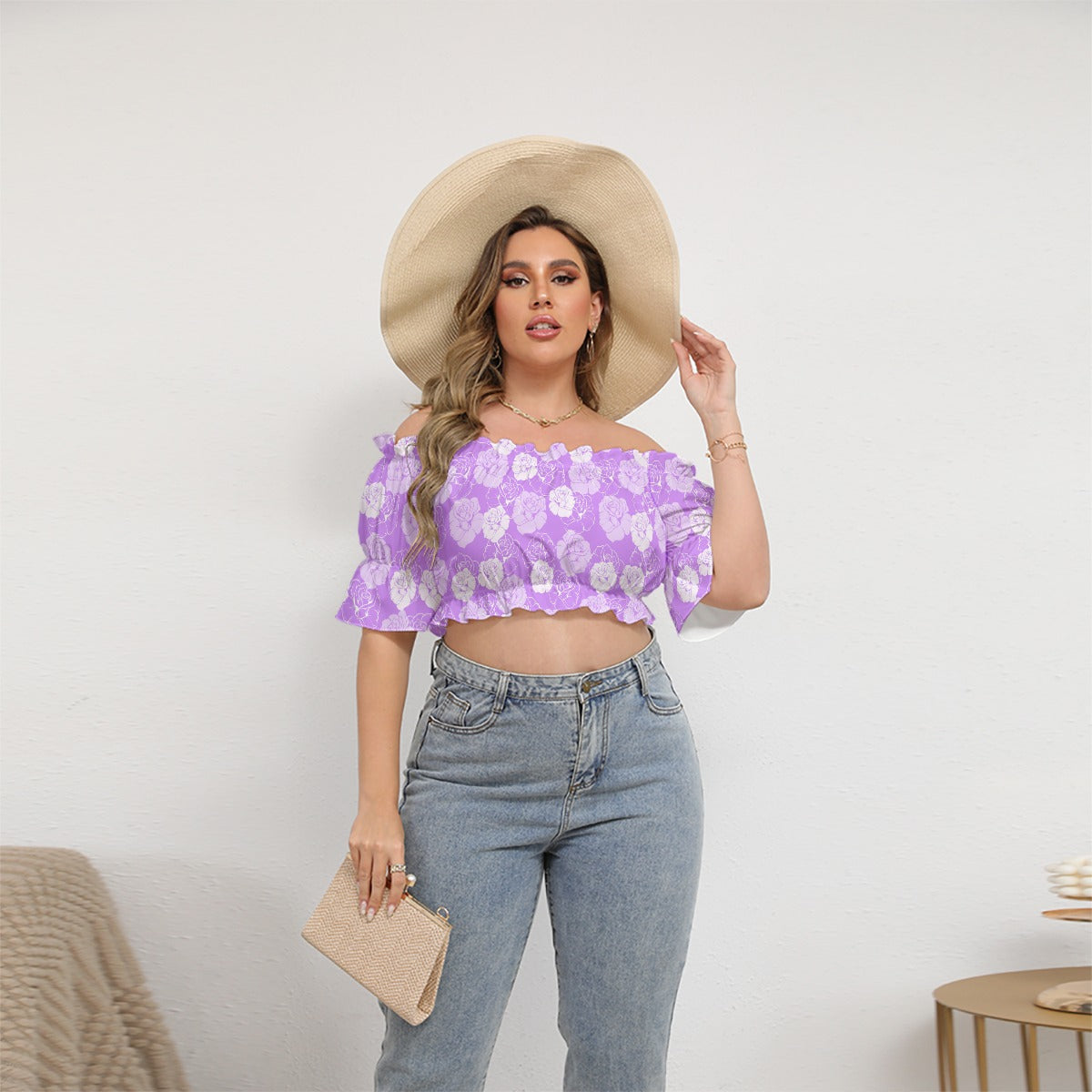 White Roses With Purple Women's Off-shoulder Cropped Top With Short Puff Sleeve