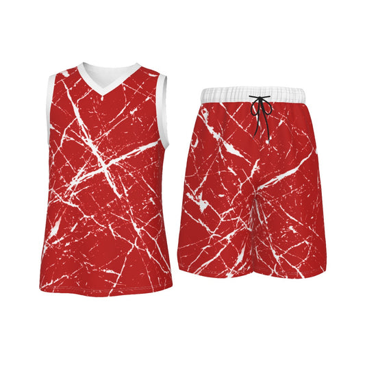 Red & White Splatter Spots Men's V Neck Basketball Suit