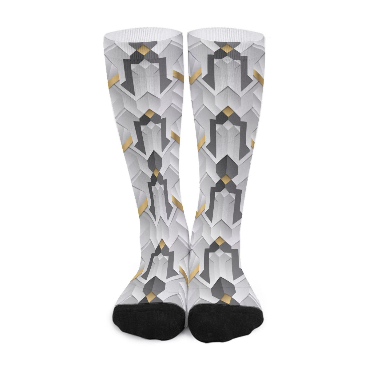 White Abstract Geometric Long Socks