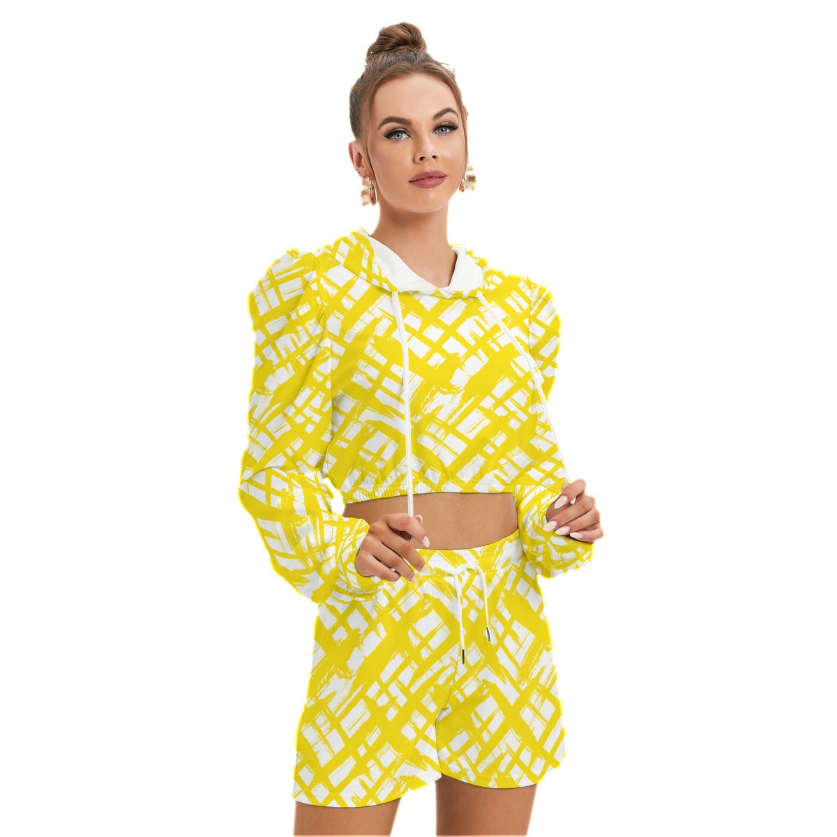 Yellow Stripes & Crosses Women's Mirco Fleece Hoodie And Shorts Set