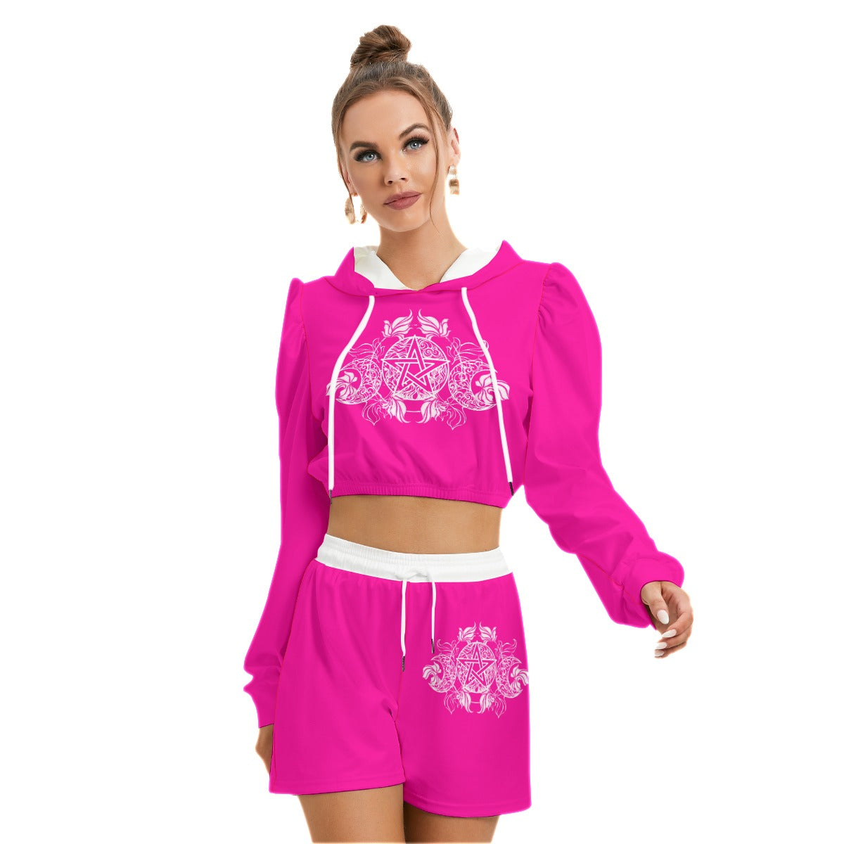 Pink & White Pentagram With Leaves Women's Mirco Fleece Hoodie And Shorts Set