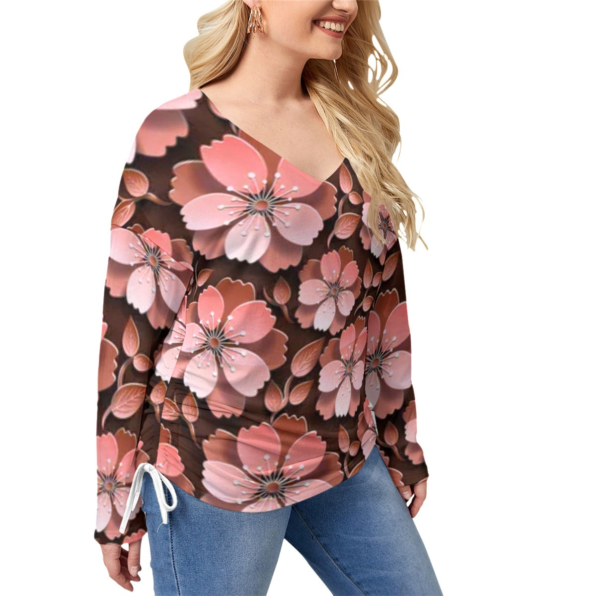 Black With Red Cherry Blossoms Women’s V-neck T-shirt With Side Drawstring(Plus Size)