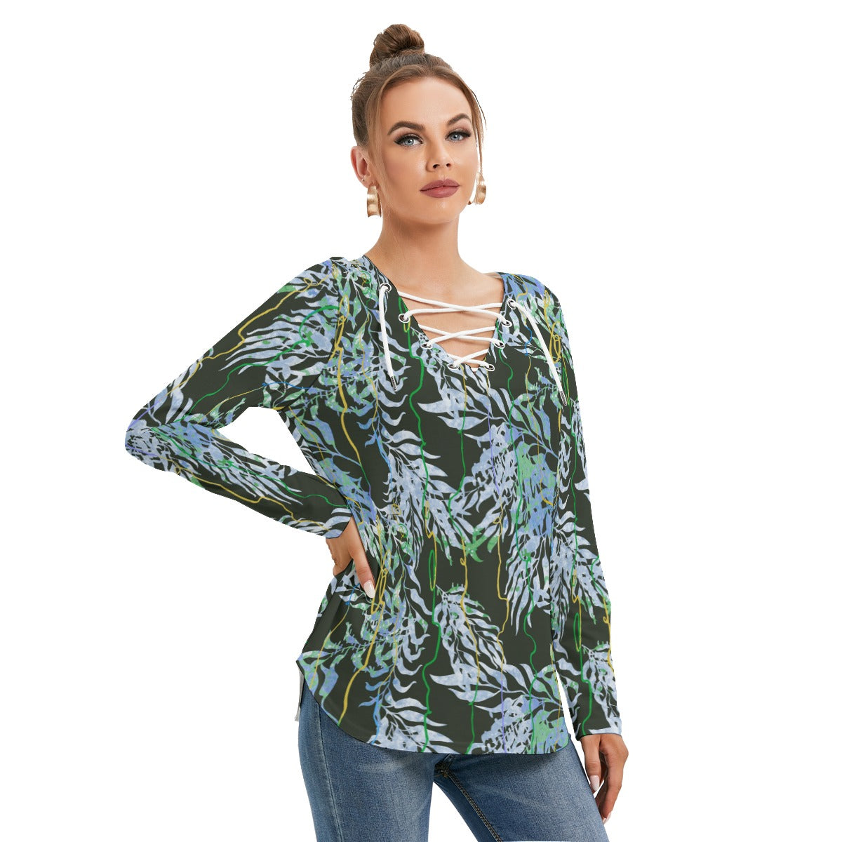 Exotic Leaves Women's Long Sleeve Neckline Tie Sweatshirt