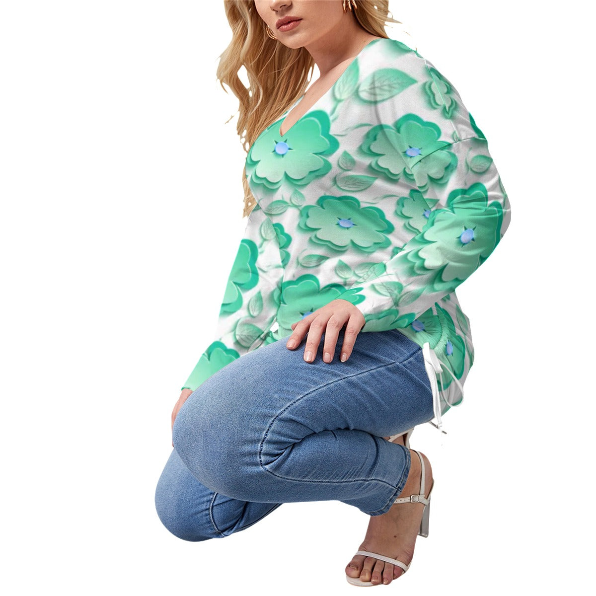 Teal Sakura Flowers & Leaves Women’s V-neck T-shirt With Side Drawstring(Plus Size)