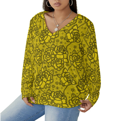 Women's Yellow Lace Style Roses V-neck T-shirt With Curved Hem(Plus Size)