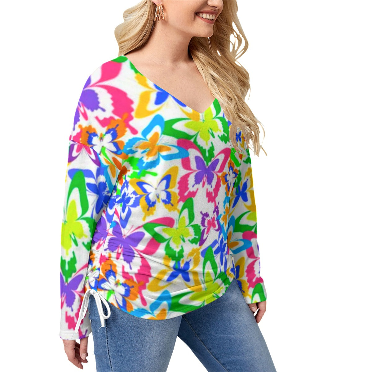 Colorful Butterflies Women’s V-neck T-shirt With Side Drawstring(Plus Size)