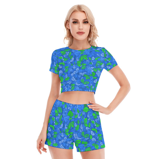 Blue With Green Leaves Women's Short Sleeve Cropped Top Shorts Suit