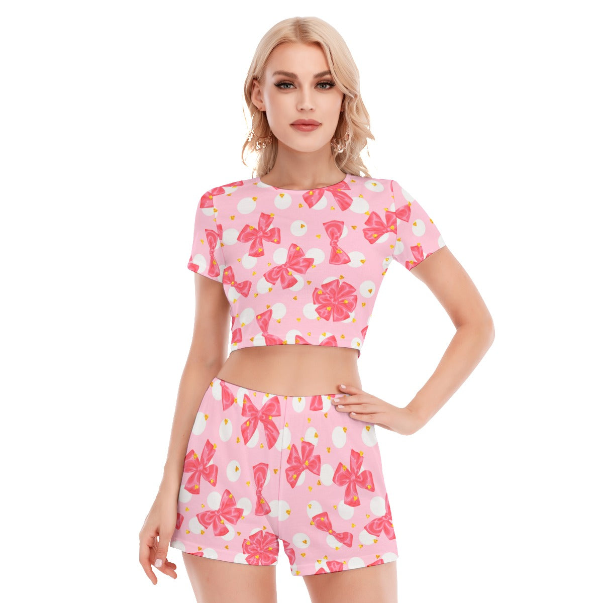 Pink Pretty Bows Women's Short Sleeve Cropped Top Shorts Suit