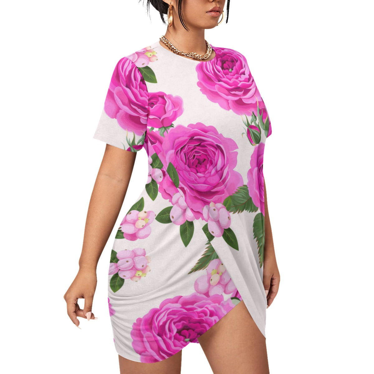 Cute Roses Women’s Stacked Hem Dress With Short Sleeve （Plus Size）