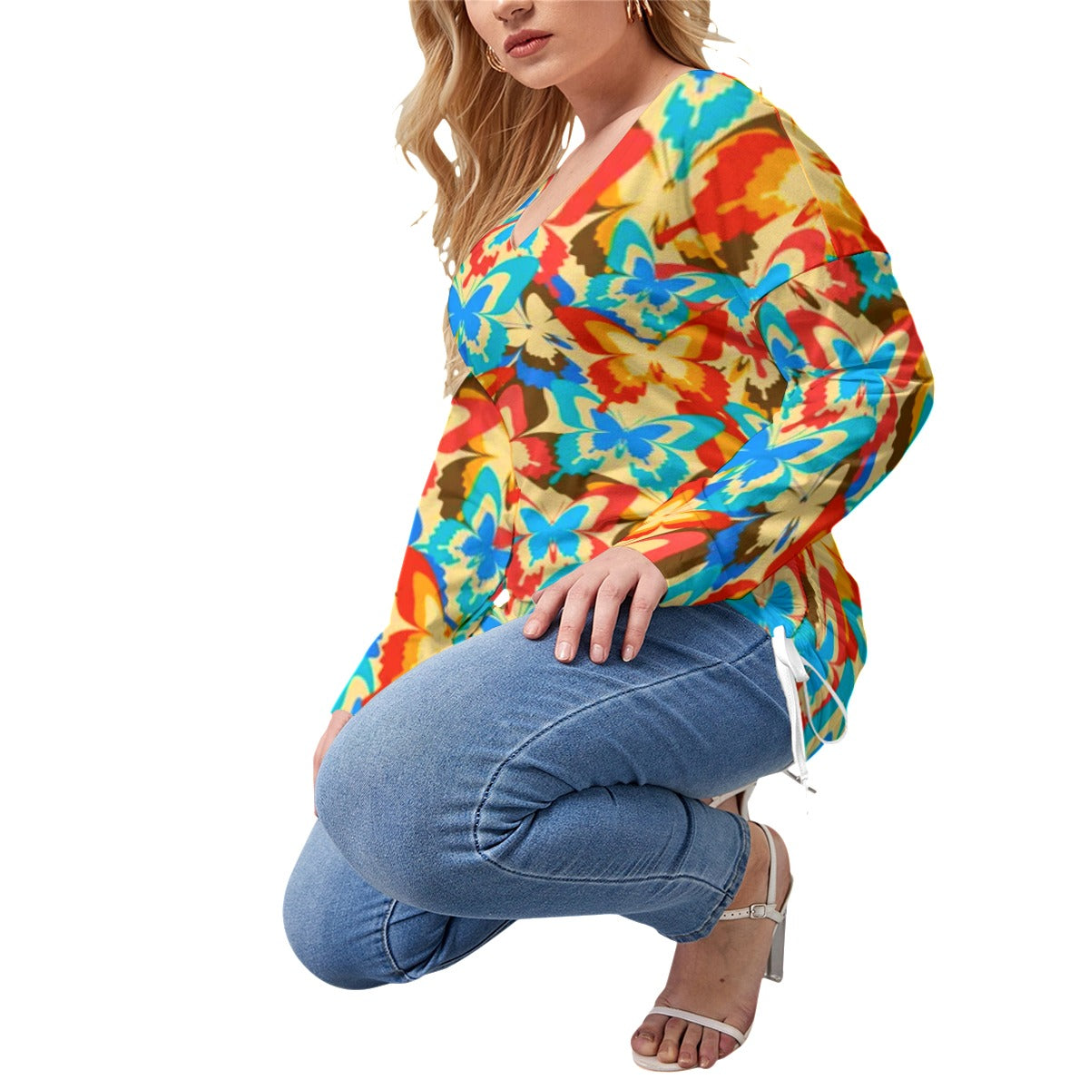 Colorful Butterflies Women’s V-neck T-shirt With Side Drawstring(Plus Size)