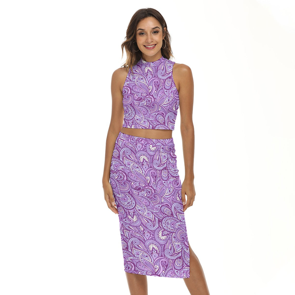 Purple Paisley Pattern Women's Tank Top & Split High Skirt Set