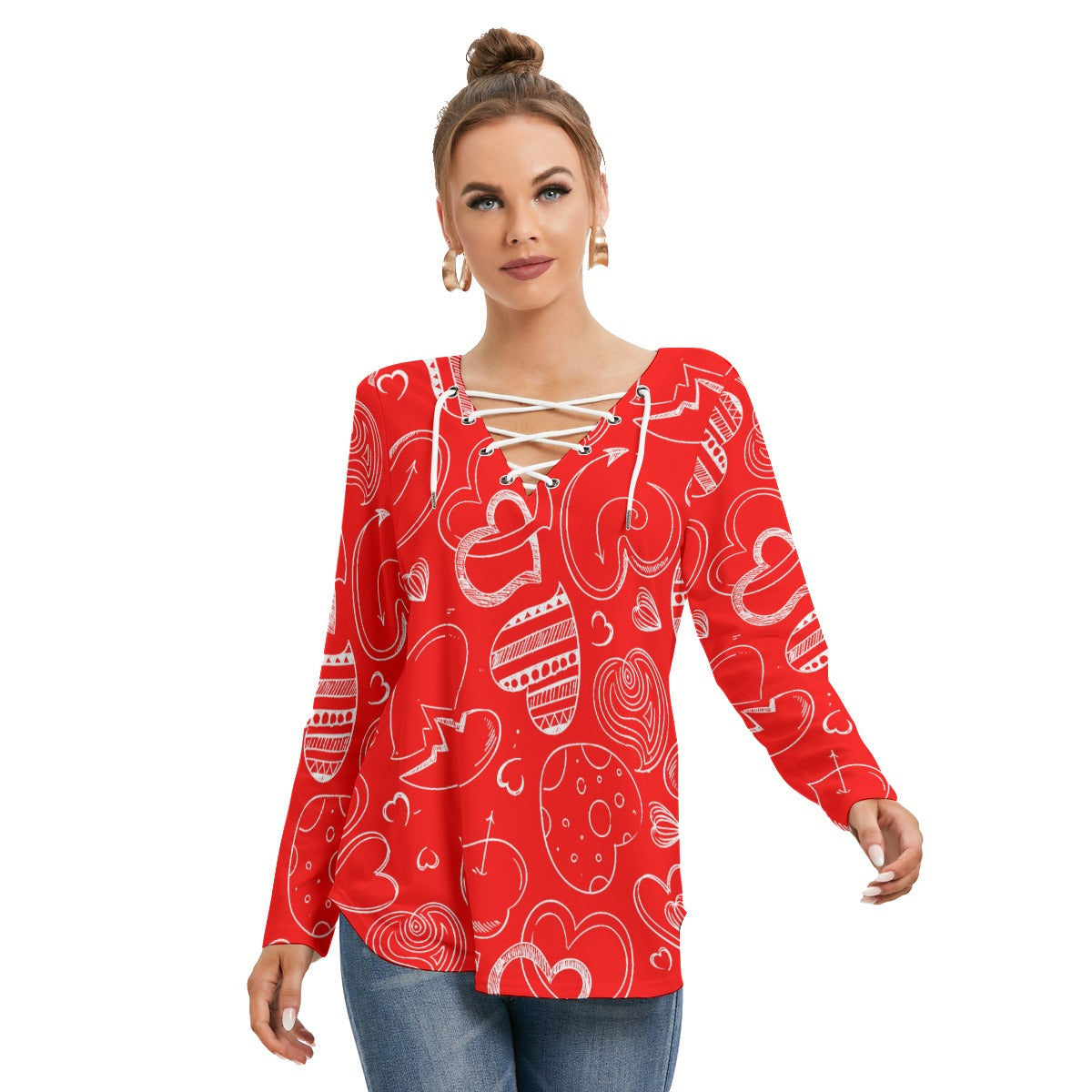 Red With White Doodle Hearts Women's Long Sleeve Neckline Tie Sweatshirt