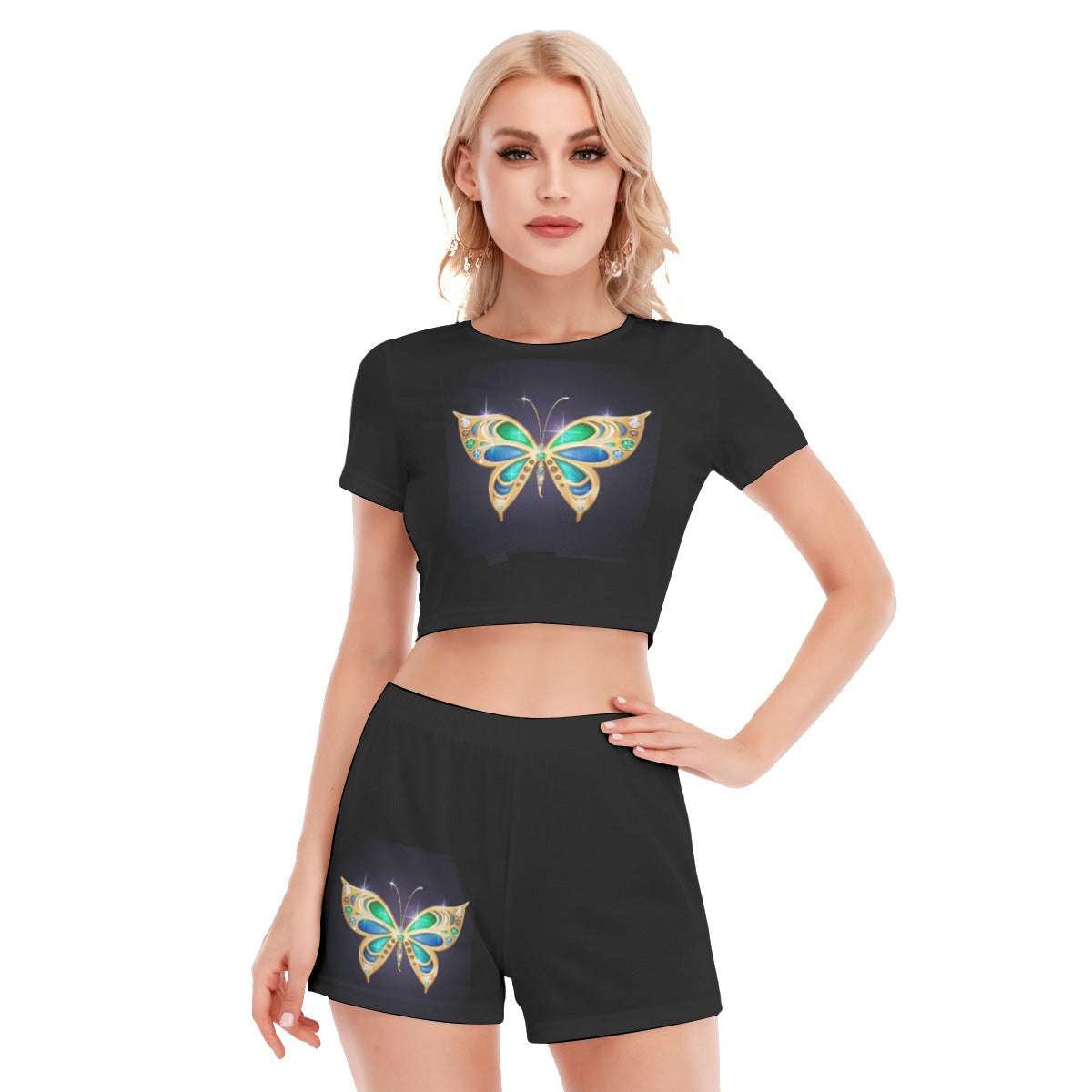 Cute Butterfly Women's Short Sleeve Cropped Top Shorts Suit