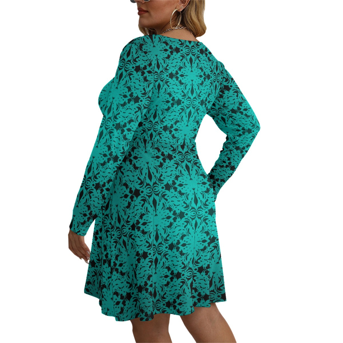 Royalty Made Teal & Black Women's V-neck Long Sleeve Dress (Plus Size)