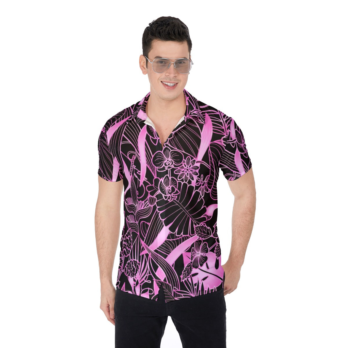 Pink Metallic Tropical Leaves Men's Button Up