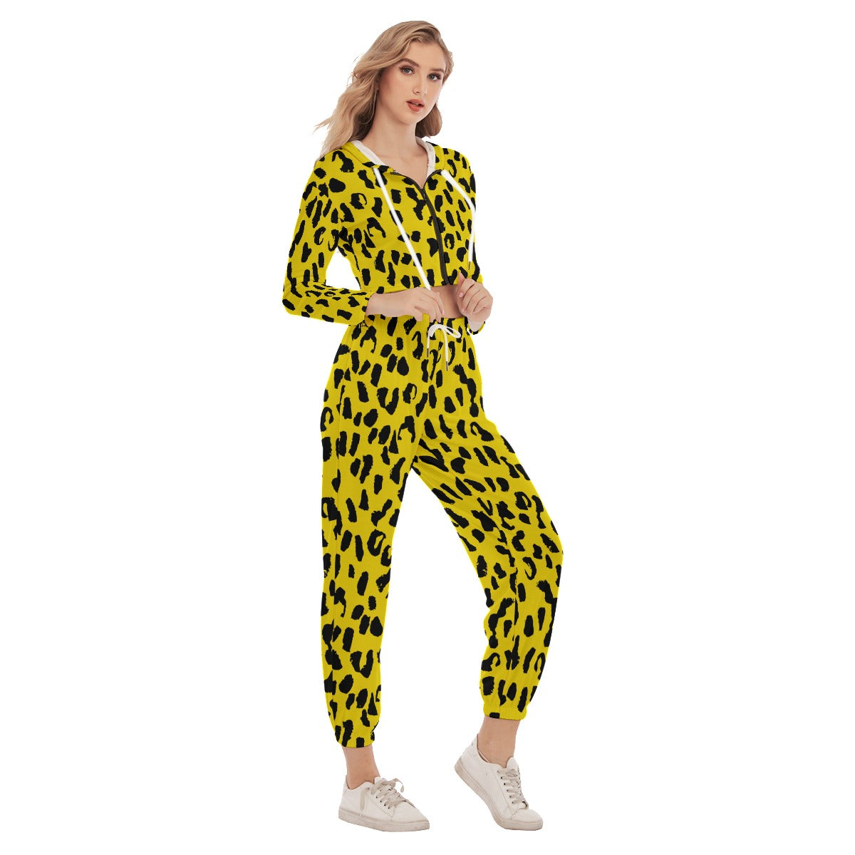 Bellafontes Yellow & Black Animal Print Women's Crop Hoodie Sports Sets