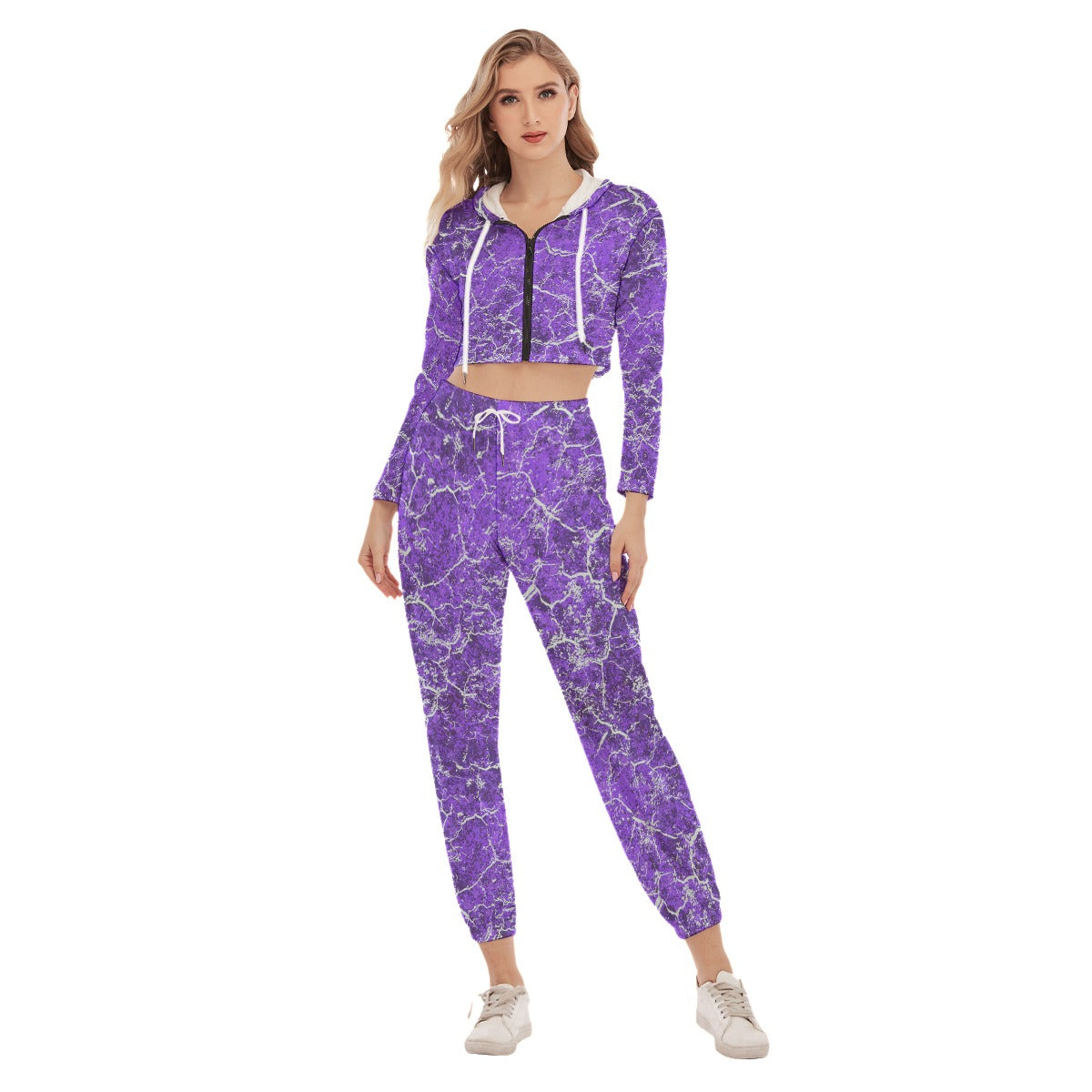 Purple Grunge Women's Crop Hoodie Sports Sets