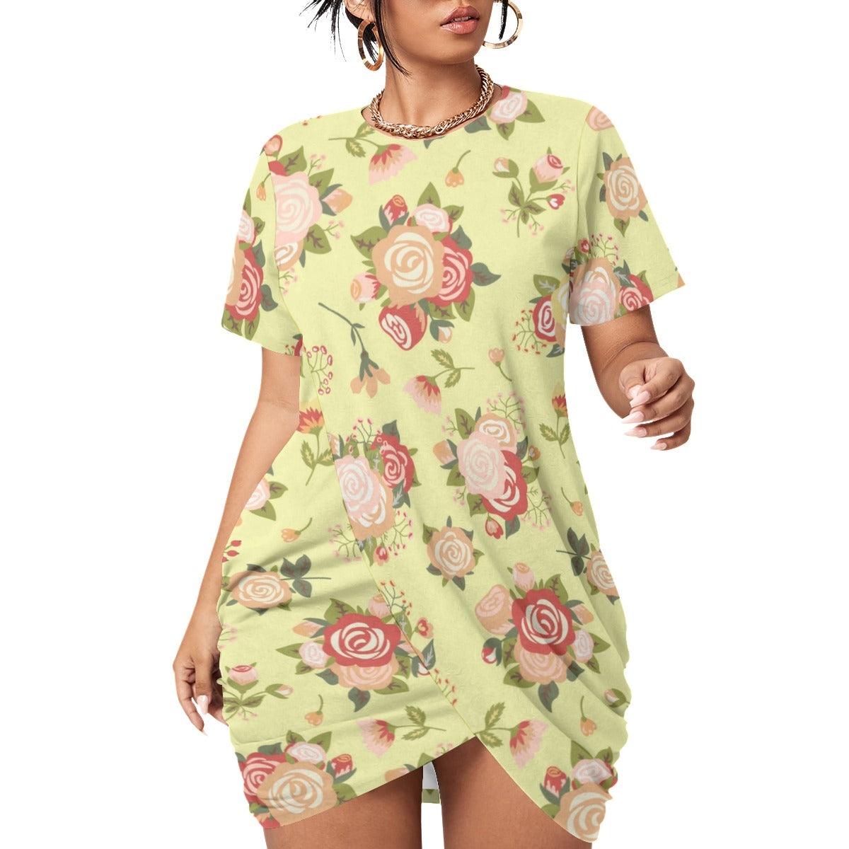 Cute Roses Women’s Stacked Hem Dress With Short Sleeve （Plus Size）