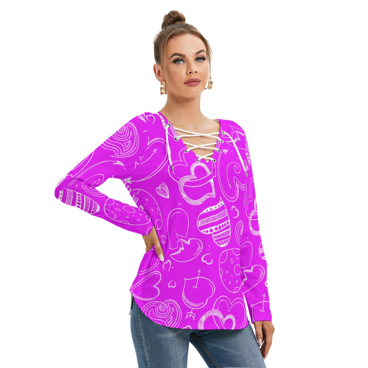 Purple With White Doodle Hearts Women's Long Sleeve Neckline Tie Sweatshirt