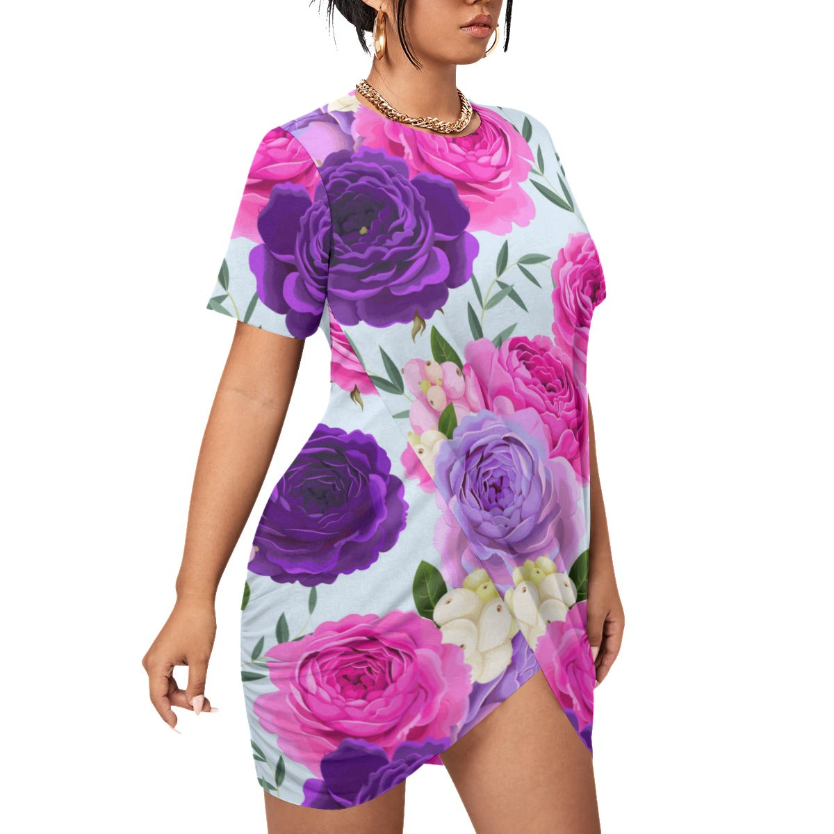 Cute Roses Women’s Stacked Hem Dress With Short Sleeve （Plus Size）