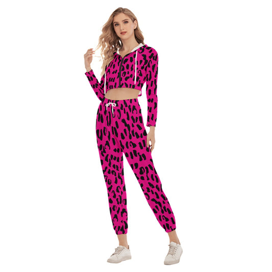 Bellafontes Pink & Black Animal Print Women's Crop Hoodie Sports Sets