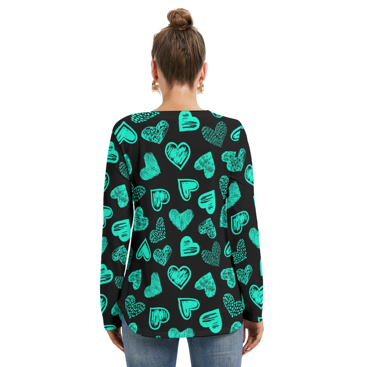 Black With Teal Doodle Hearts Women's Long Sleeve Neckline Tie Sweatshirt