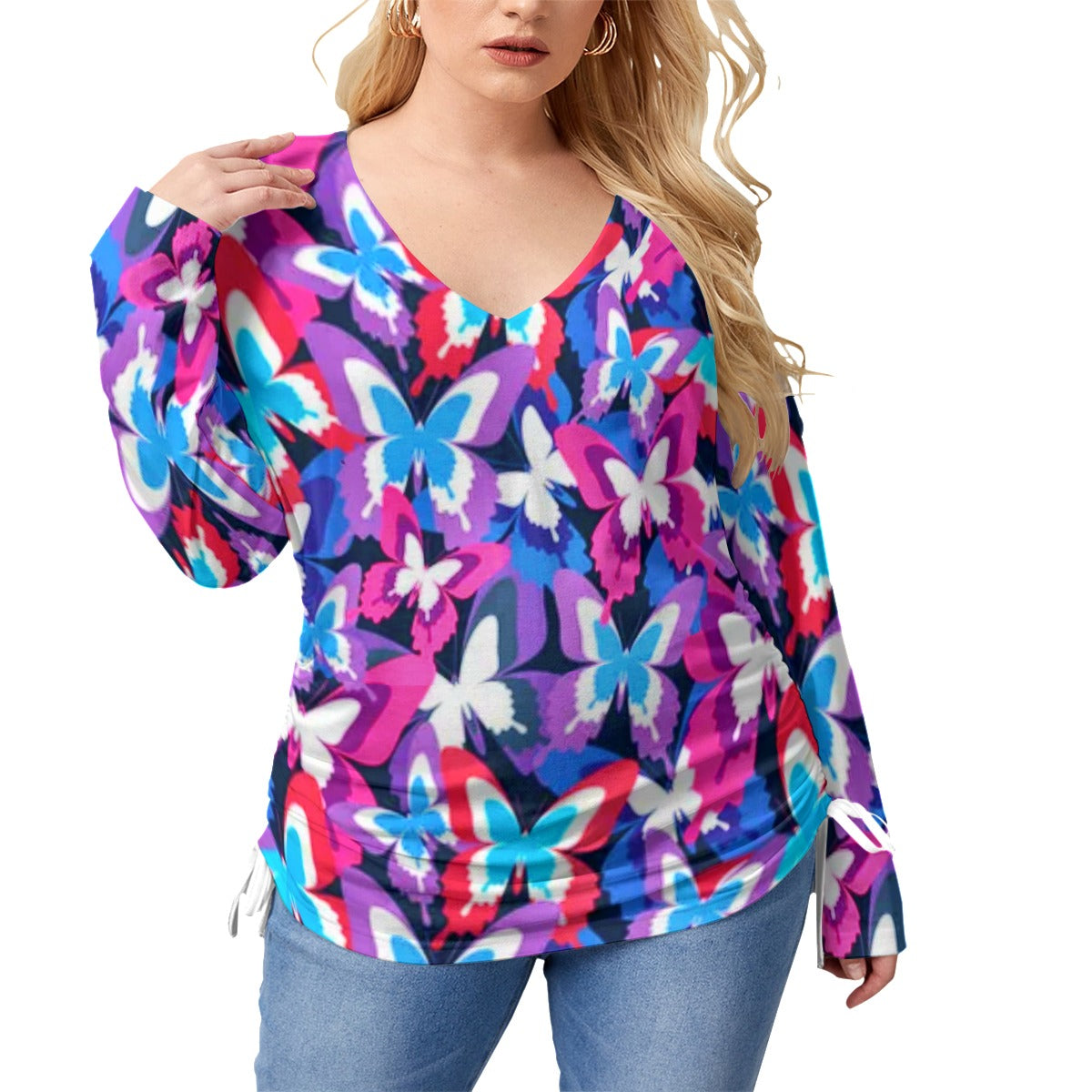 Colorful Butterflies Women’s V-neck T-shirt With Side Drawstring(Plus Size)