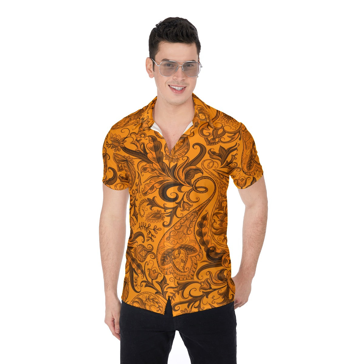 Cute Flowers Orange & Black Men's Button Up Shirt