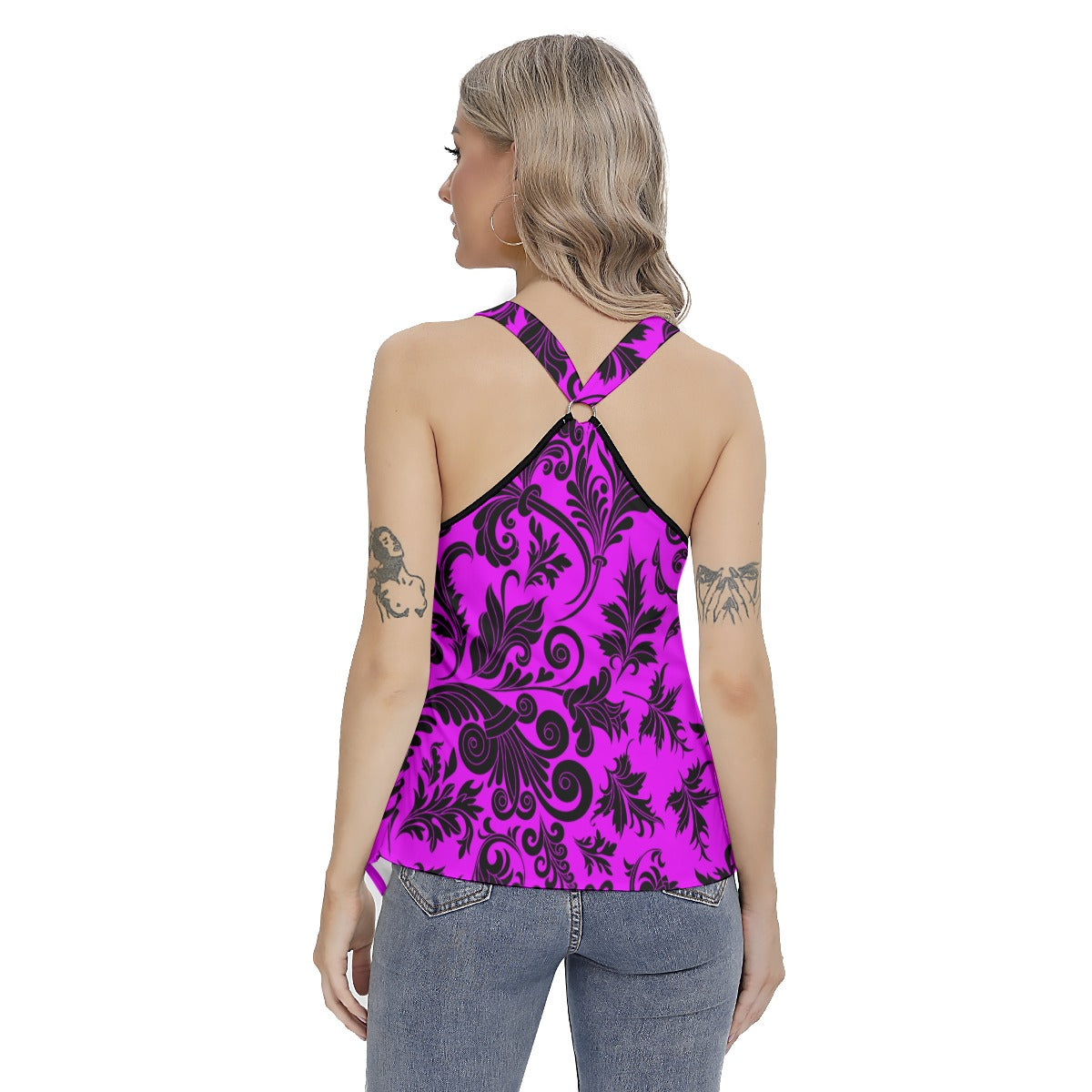 Elegant Purple With Black Flowers Women's Skinny Sport Tank Top