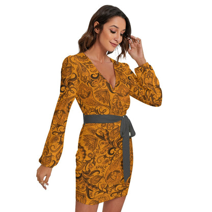 Cute Flower Orange & Black Long Sleeve Dress With Waist Belt