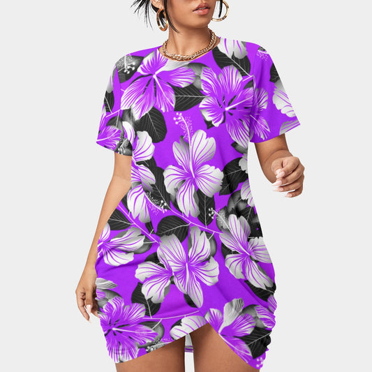 Women’s Tropic Style Stacked Hem Dress With Short Sleeve（Plus Size)