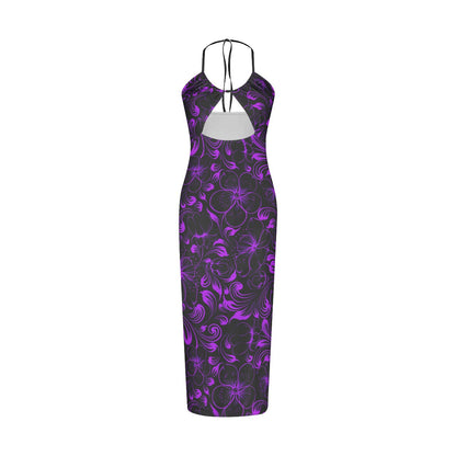 Purple With Black Tropical Flowers Women's Sexy Hollow Cami Dress