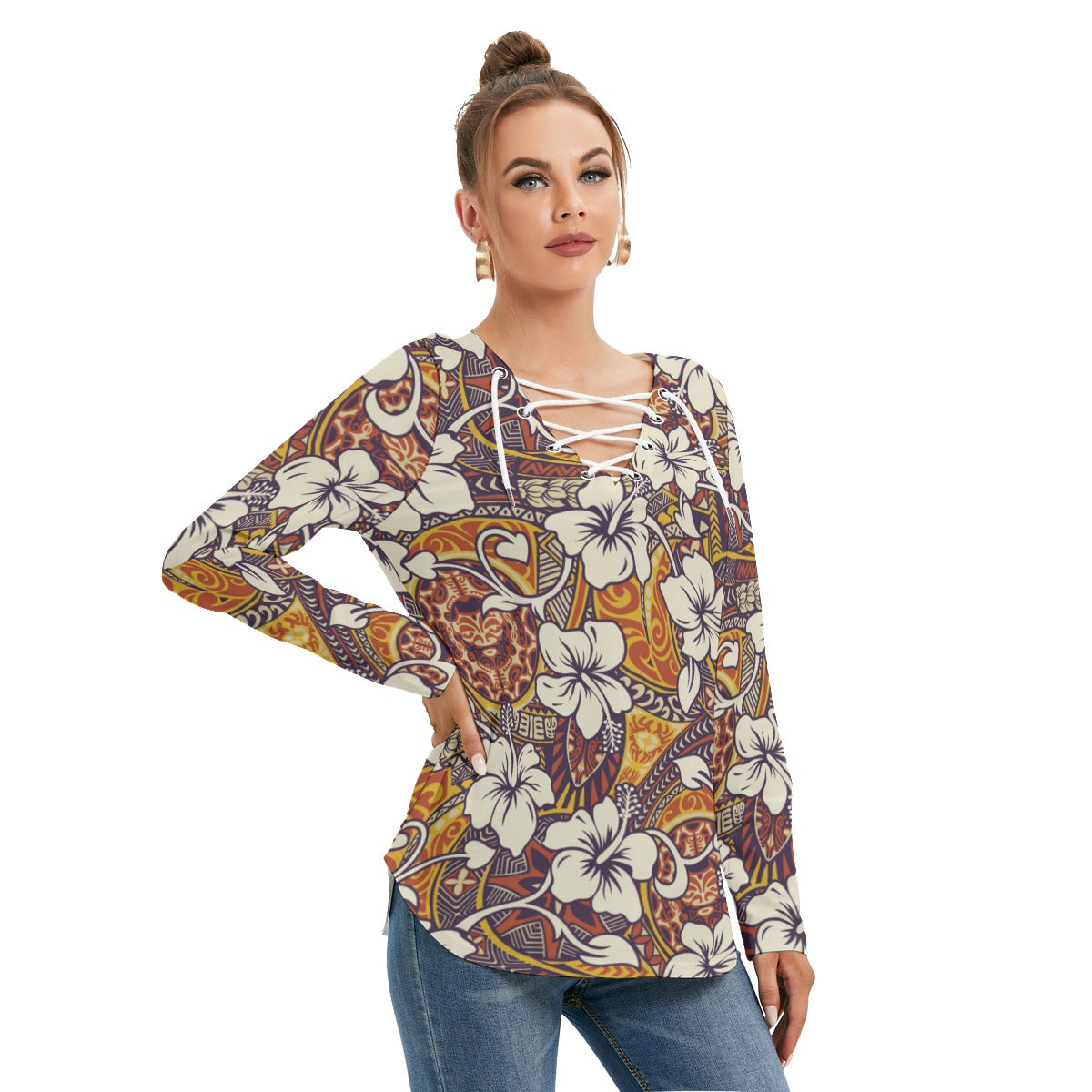 Tropical Hibiscus Flower With Tapa Tribal Designs Women's Long Sleeve Neckline Tie Sweatshirt