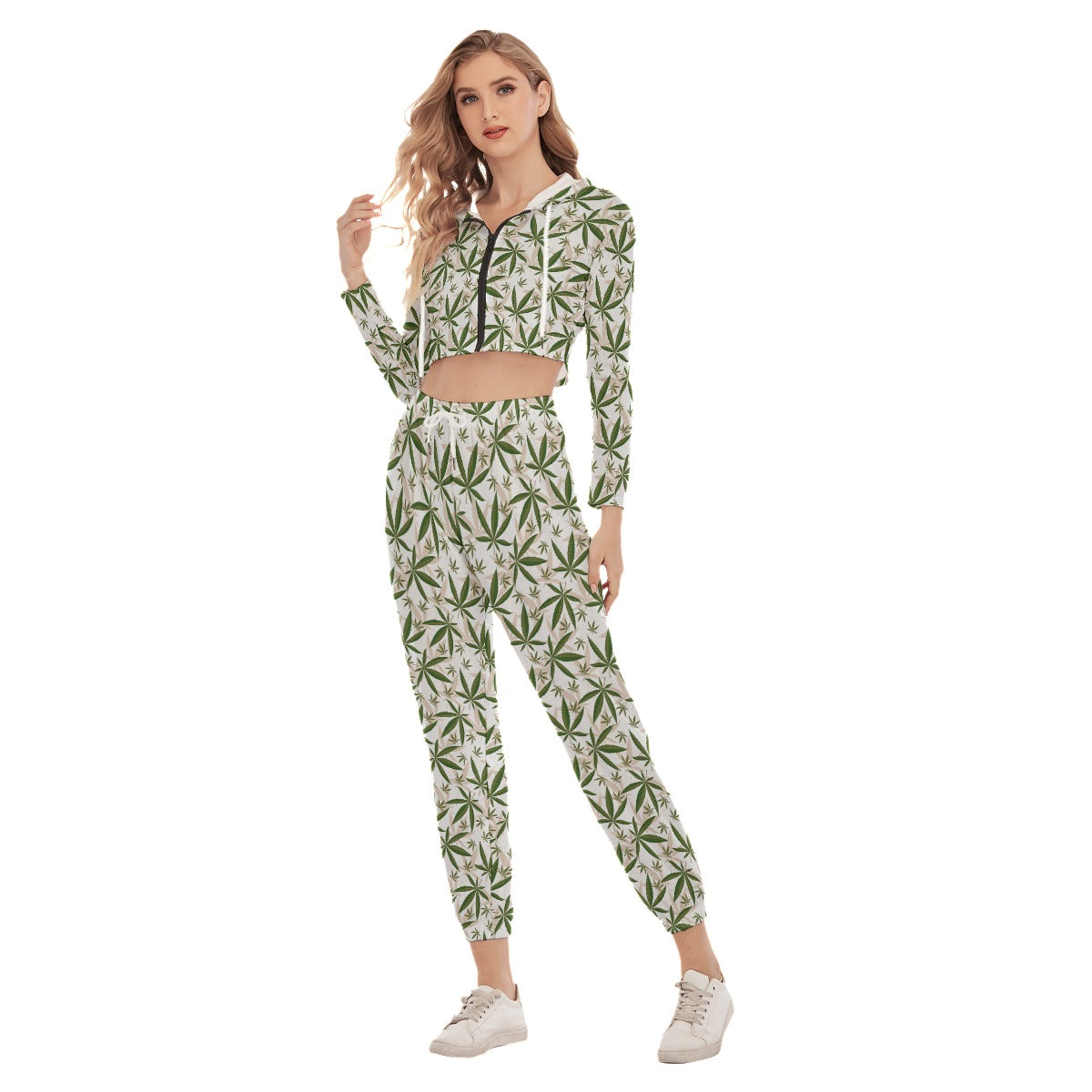 Cannabis Leaves Marijuana Women's Crop Hoodie Sports Sets