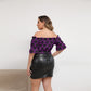 Cute Black & Purple Women's Off-shoulder Cropped Top With Short Puff Sleeve