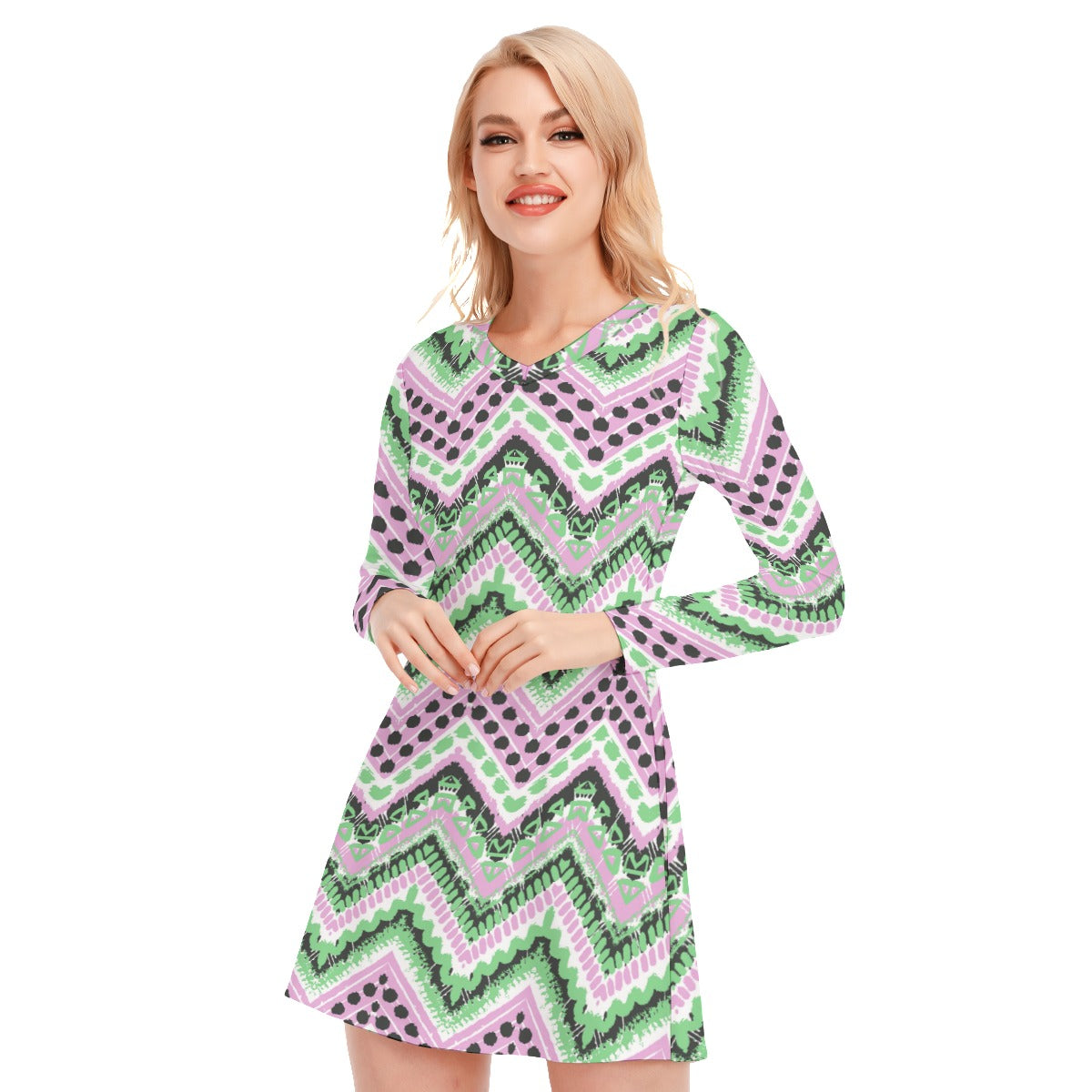 Ethnic Vintage Tribal Women's V-neck Long Sleeve Dress