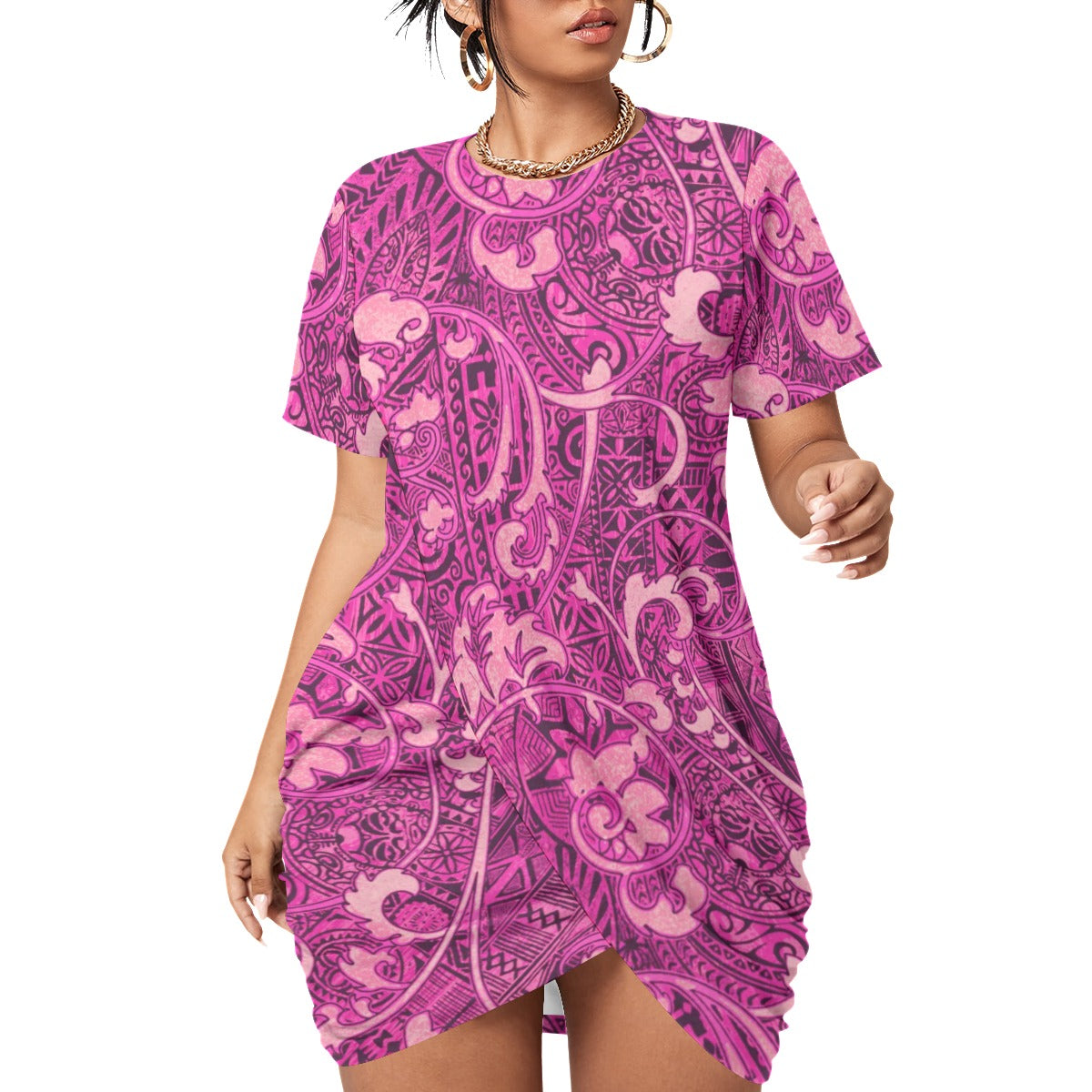 Hawaiian Style Women’s Stacked Hem Dress With Short Sleeve（Plus Size）