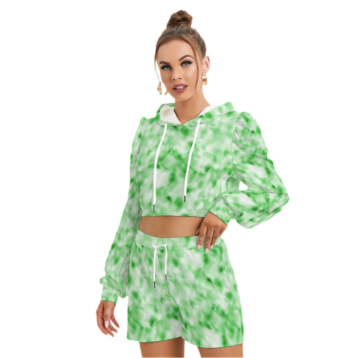 Green & White Smoke Women's Mirco Fleece Hoodie And Shorts Set