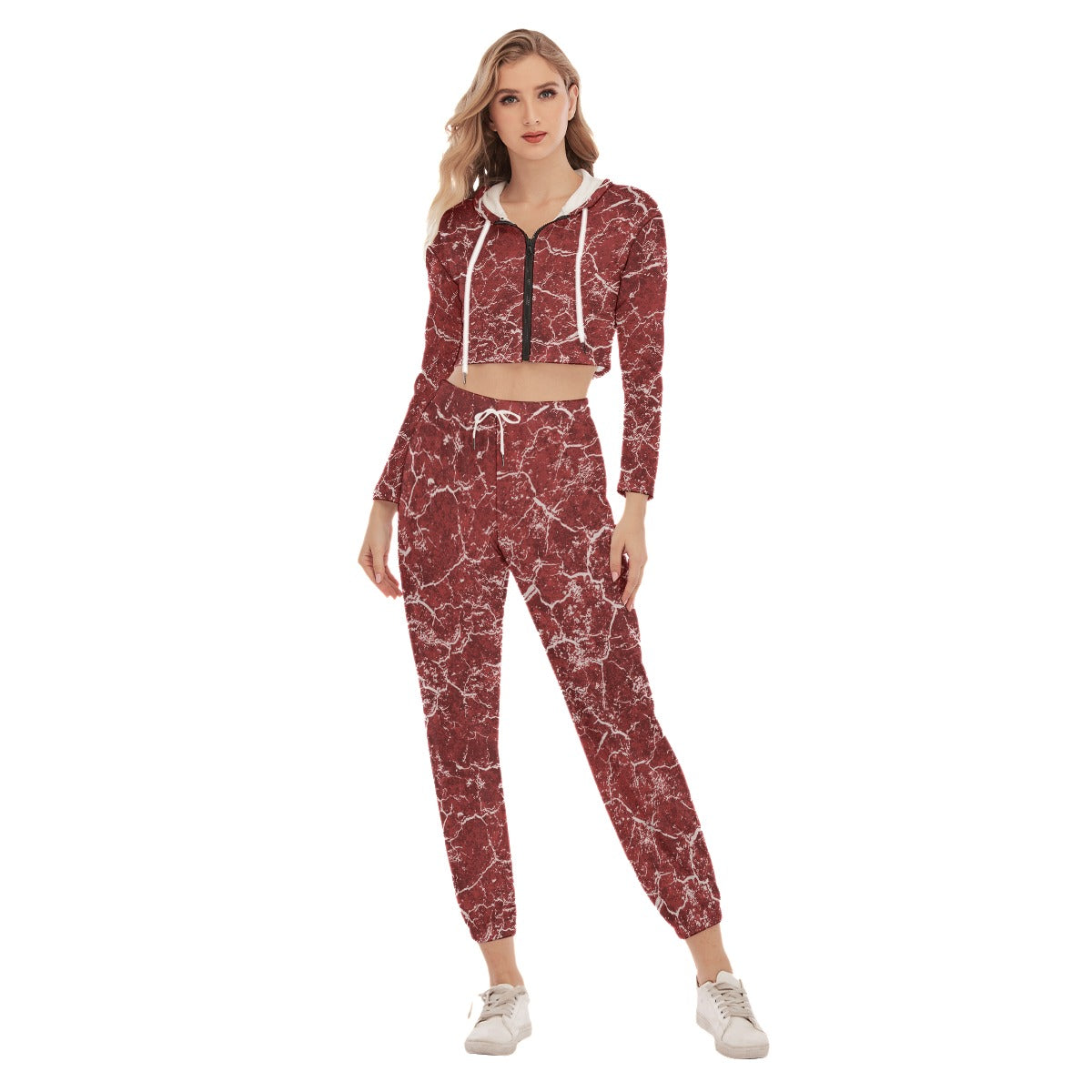 Red Grunge Women's Crop Hoodie Sports Sets