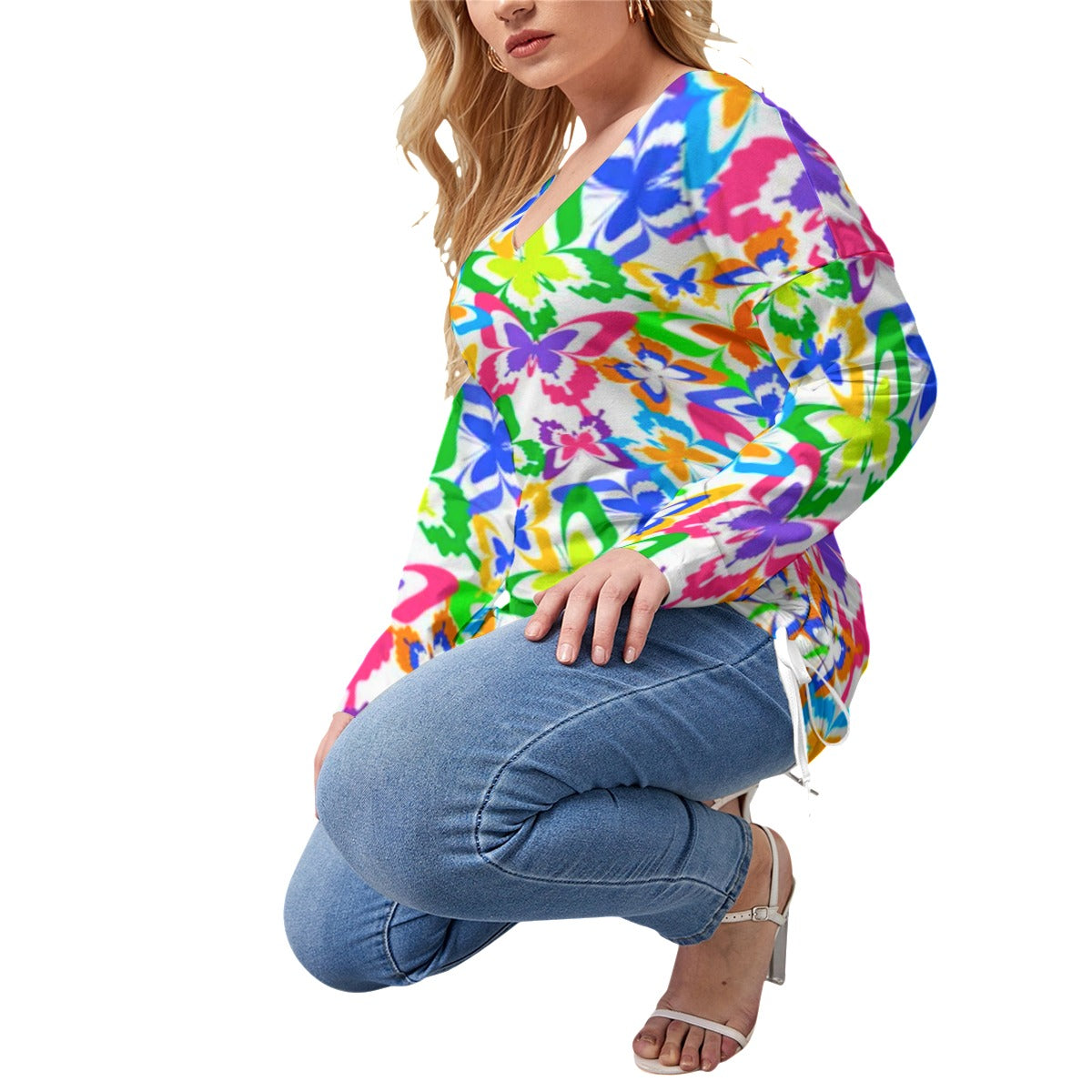 Colorful Butterflies Women’s V-neck T-shirt With Side Drawstring(Plus Size)