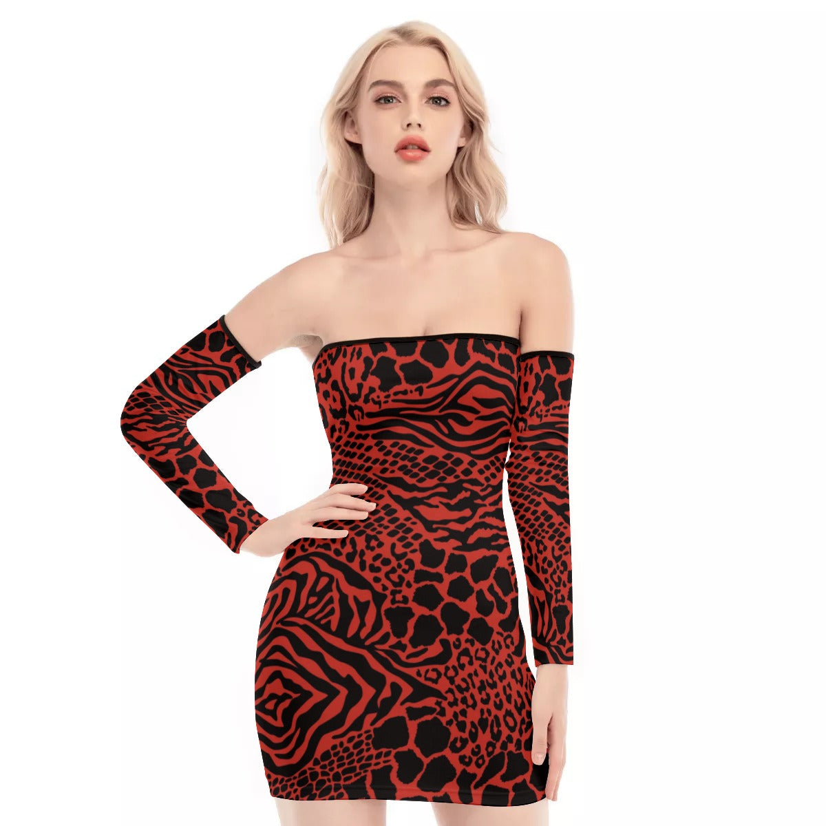 Red Bellafonte Animal Print Off-shoulder Back Lace-up Dress