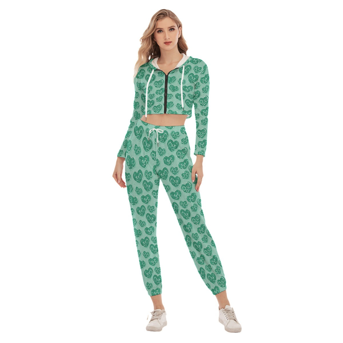 Cute Green Hearts Women's Crop Hoodie Sports Sets