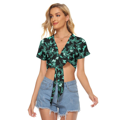 Black With Teal Butterflies Women's Bandage Crop Top